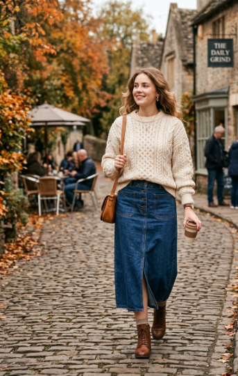 Cable-Knit Sweater With a Long Denim Skirt