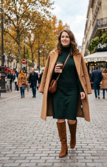  Turtleneck Dress With Knee-High Boots