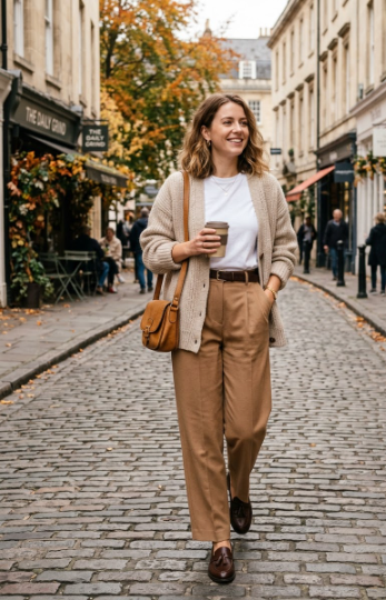 Cardigan, White Tee, and Pleated Trousers