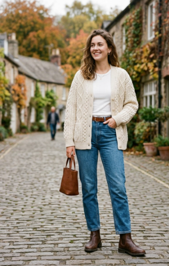 Cable-Knit Cardigan With Straight-Leg Jeans