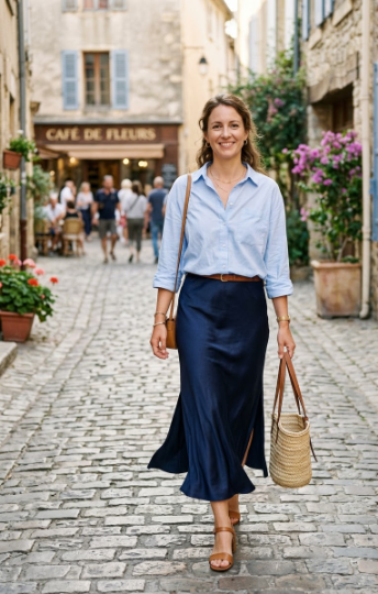 Button-Up Shirt With a Long Slip Skirt