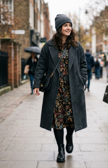 Dark Floral Dress With a Wool Coat