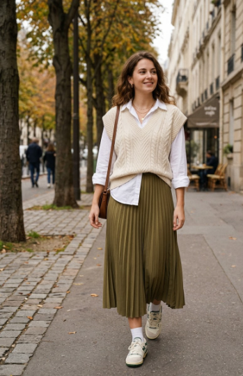 Sweater Vest With a Pleated Midi Skirt