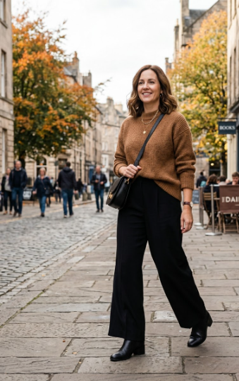Brown Sweater With Black Wide-Leg Trousers