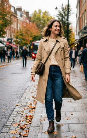 Trench Coat With a Knit Sweater and Jeans