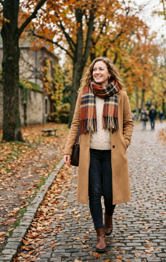 Wool Scarf With a Sweater and Long Coat