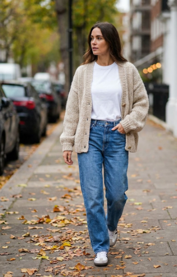 Cardigan, Basic Tee, and Jeans