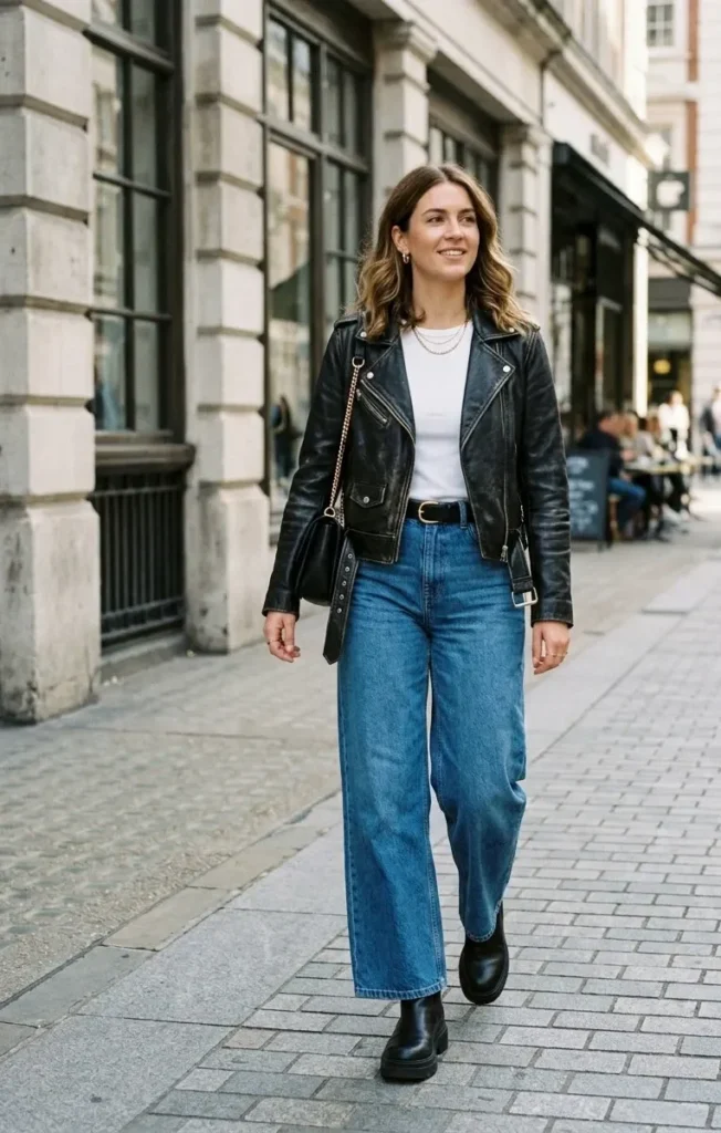Wide-Leg Jeans With a Leather Jacket