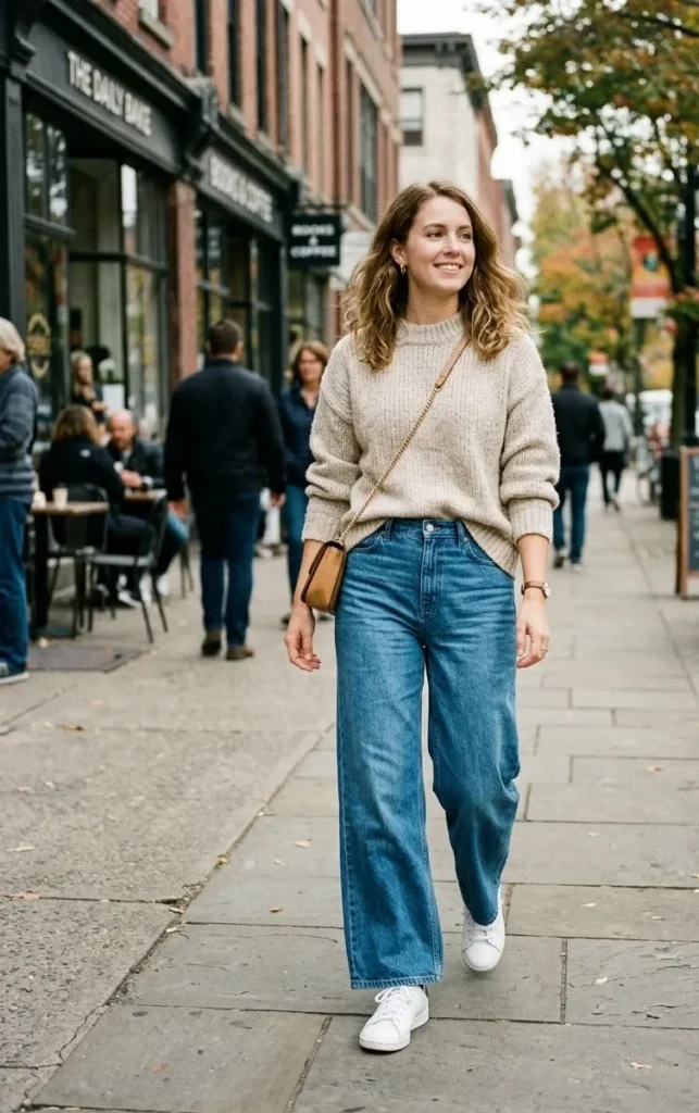 Wide-Leg Jeans With a Sweater and Sneakers