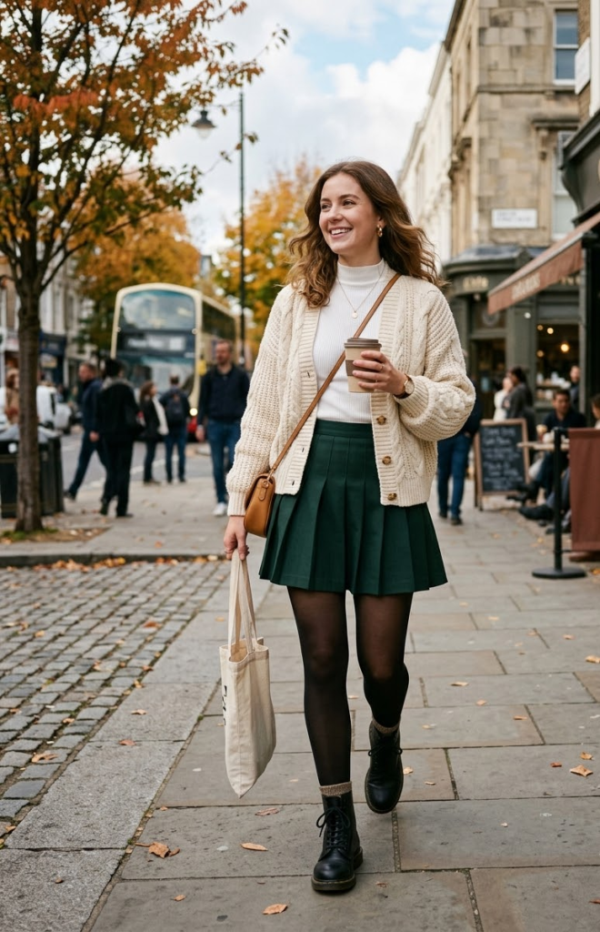 Cardigan + Pleated Mini Skirt
