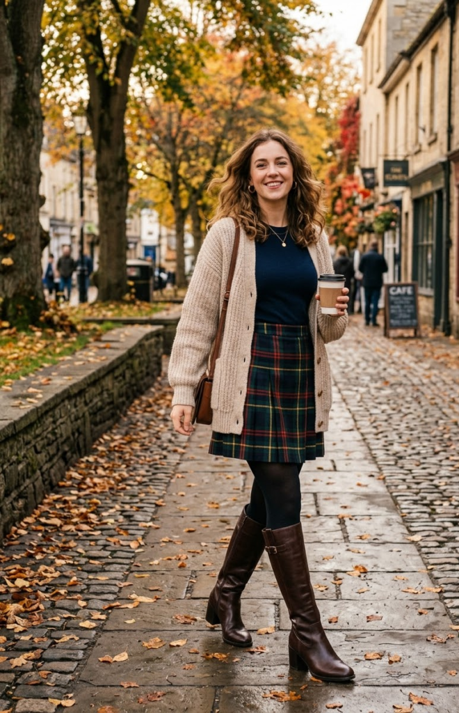Cardigan + Plaid Skirt + Knee-High Boots