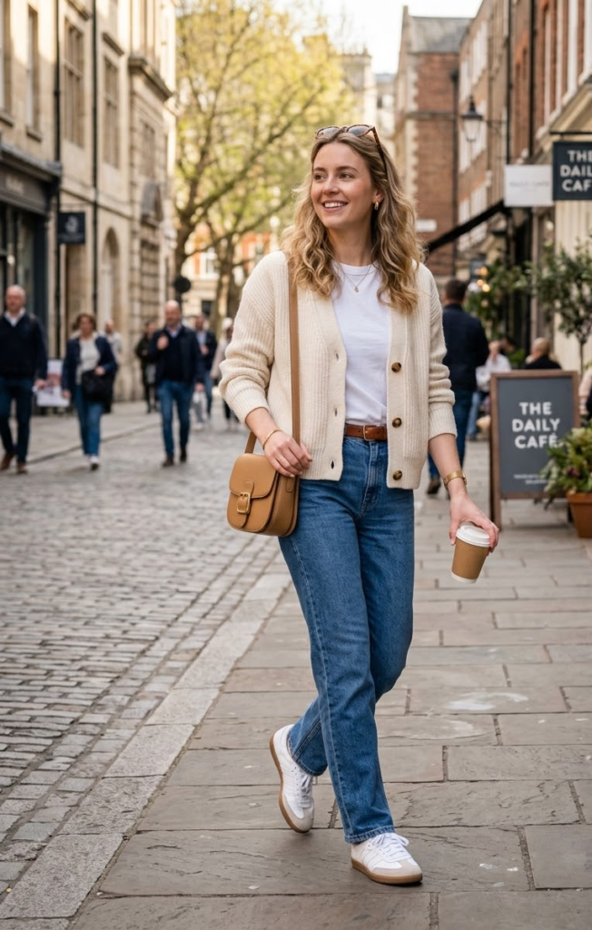 Cream Cardigan + Straight-Leg Jeans