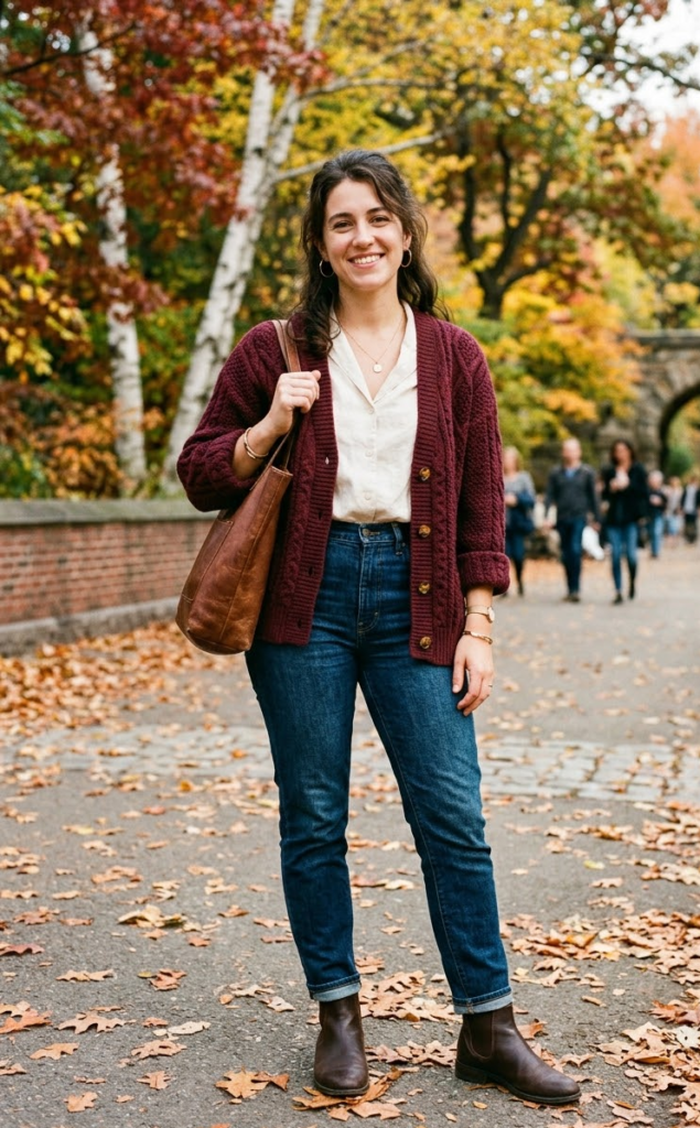 Burgundy Cardigan + Dark-Wash Jeans