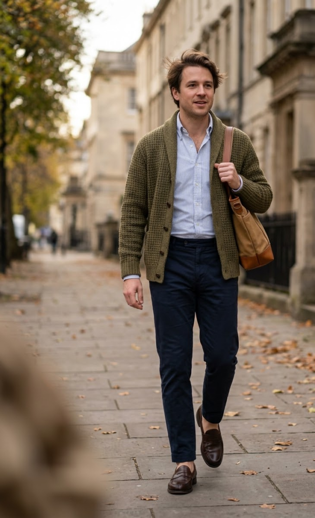 Cardigan Over a Collared Shirt + Loafers