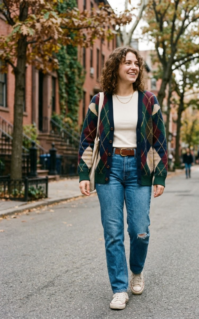 Argyle Cardigan + Denim
