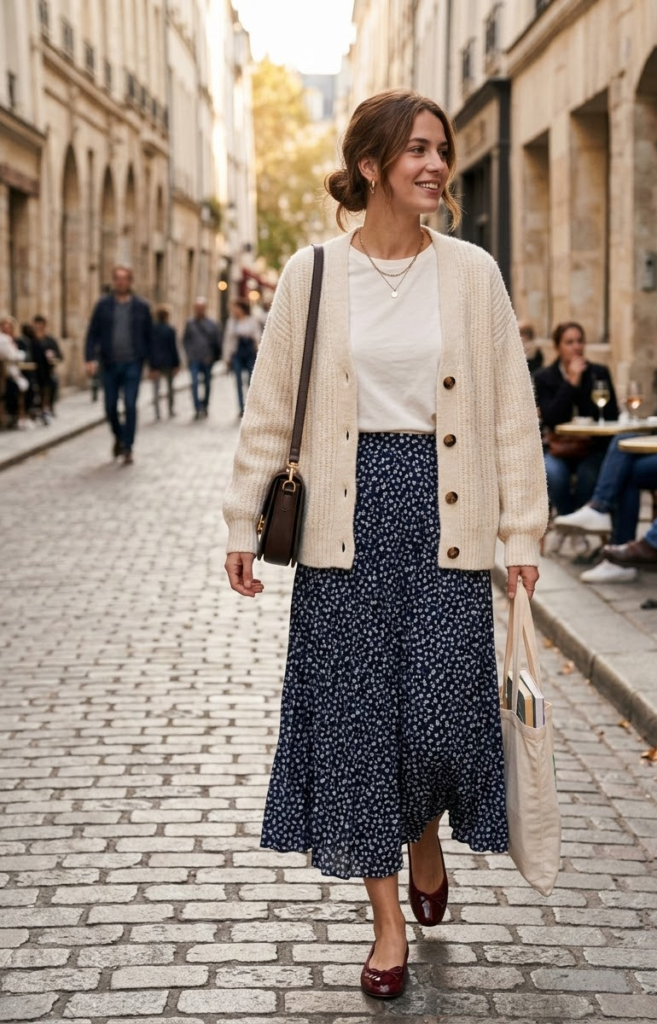Cardigan + Midi Skirt + Ballet Flats