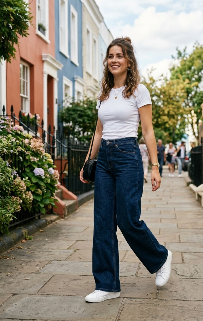 Wide-Leg Jeans With a Fitted White T-Shirt