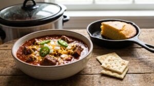 Bowl of Texas beef chili with no beans topped with cheddar, onion and jalapenos, with cornbread and crackers