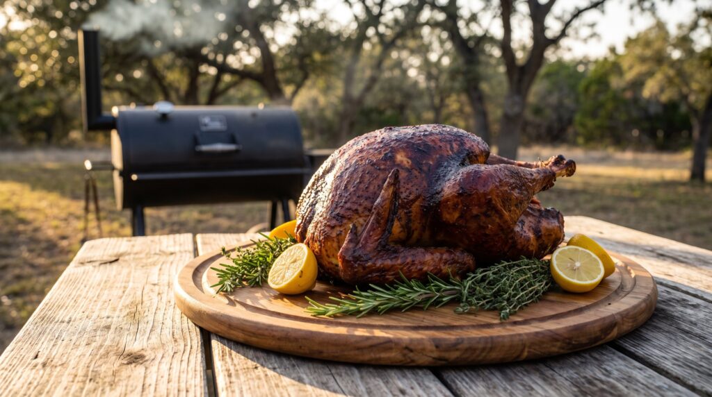 Whole smoked turkey with dark mahogany skin on a wooden carving board with rosemary and lemon halves, a smoker in the background