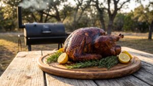 Whole smoked turkey with dark mahogany skin on a wooden carving board with rosemary and lemon halves, a smoker in the background