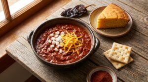 Bowl of Texas red chili with cubed beef in dark red chile sauce, topped with onion and cheddar, with cornbread and saltine crackers on a wooden table