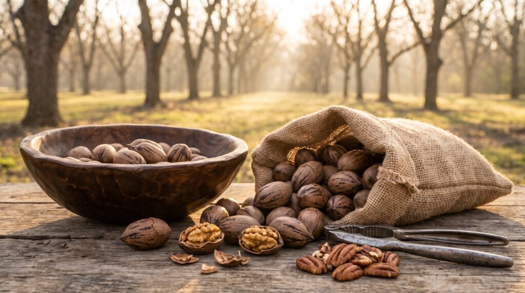 Freshly harvested Texas pecans in a wooden bowl and burlap sack on a farm table with a pecan orchard behind