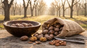 Freshly harvested Texas pecans in a wooden bowl and burlap sack on a farm table with a pecan orchard behind