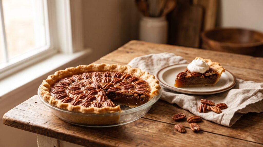 Whole pecan pie in a glass dish on a rustic wooden table with a slice and whipped cream on a plate